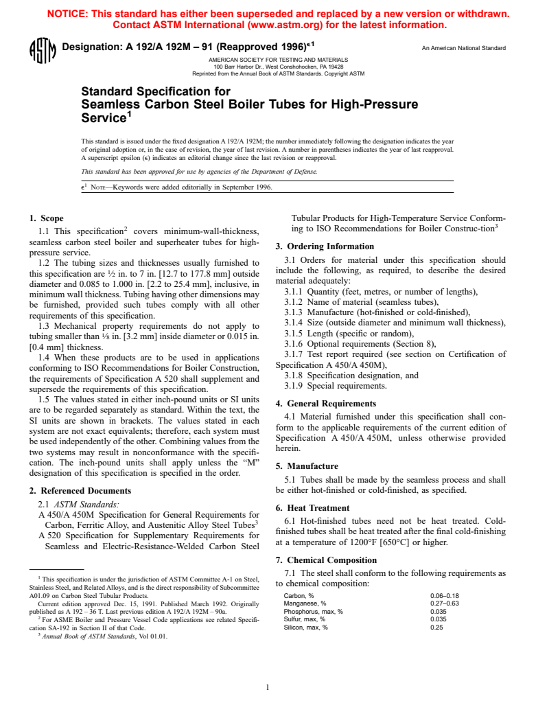 ASTM A192/A192M-91(1996)e1 - Standard Specification for Seamless Carbon Steel Boiler Tubes for High-Pressure Service