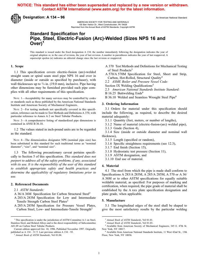 ASTM A134-96 - Standard Specification for Pipe, Steel, Electric-Fusion (Arc)-Welded (Sizes NPS 16 and Over)