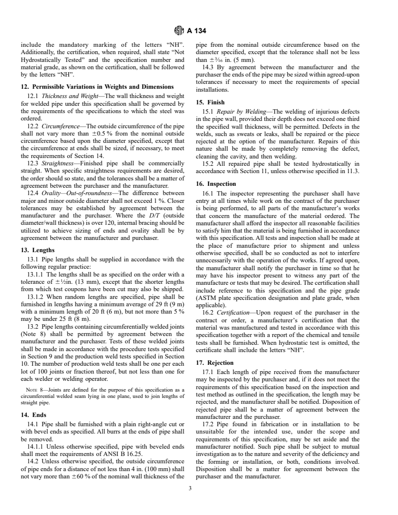 ASTM A134-96 - Standard Specification for Pipe, Steel, Electric-Fusion (Arc)-Welded (Sizes NPS 16 and Over)