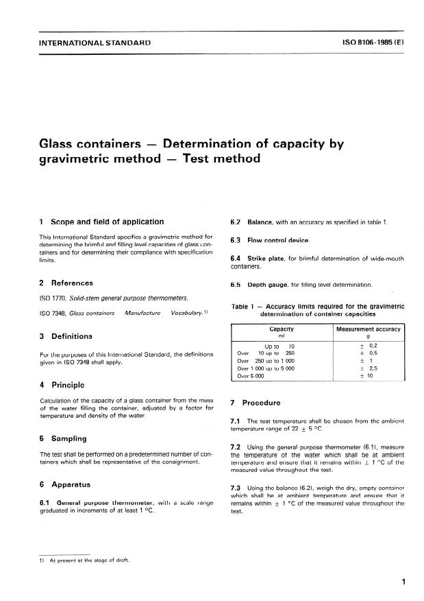 ISO 8106:1985 - Glass containers -- Determination of capacity by gravimetric method -- Test method