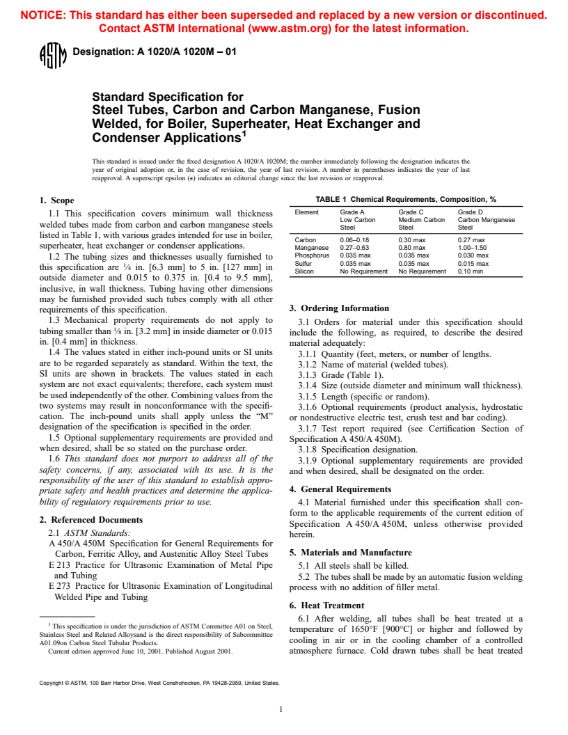 ASTM A1020/A1020M-01 - Standard Specification for Steel Tubes, Carbon and Carbon Manganese, Fusion Welded, for Boiler, Superheater, Heat Exchanger and Condenser Applications