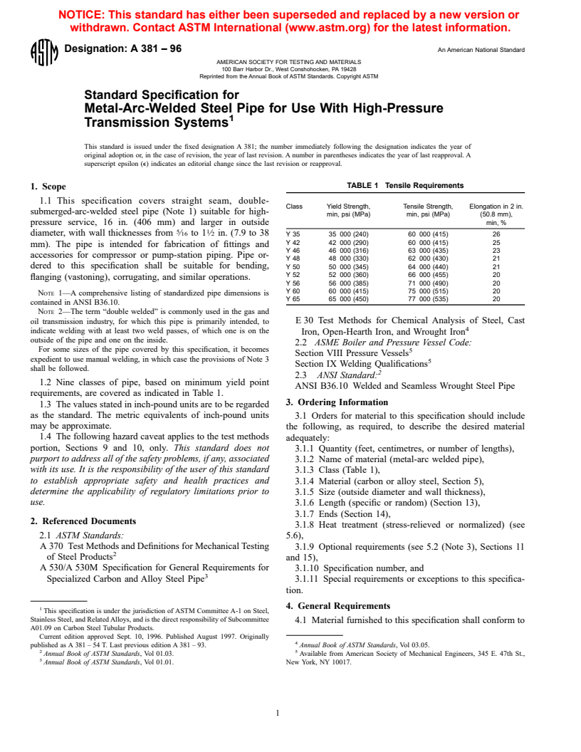 ASTM A381-96 - Standard Specification for Metal-Arc-Welded Steel Pipe for Use With High-Pressure Transmission Systems