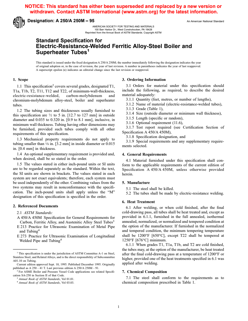 ASTM A250/A250M-95 - Standard Specification for Electric-Resistance-Welded Ferritic Alloy-Steel Boiler and Superheater Tubes