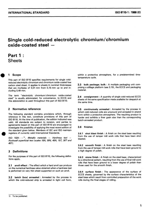 ISO 8110-1:1988 - Single cold-reduced electrolytic chromium/ chromium oxide-coated steel