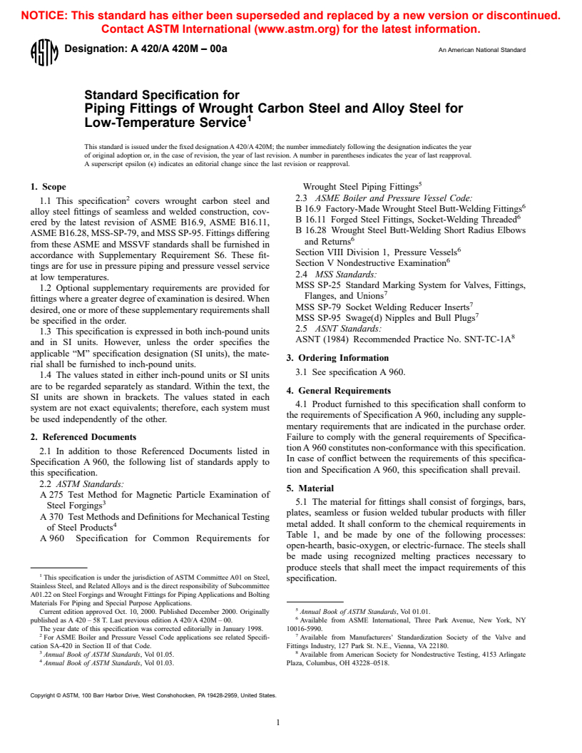 ASTM A420/A420M-00a - Standard Specification for Piping Fittings of Wrought Carbon Steel and Alloy Steel for Low-Temperature Service