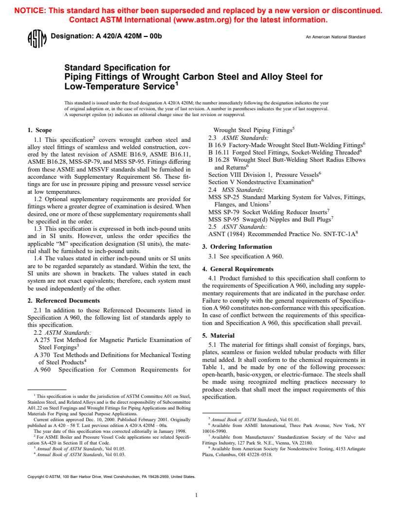 ASTM A420/A420M-00b - Standard Specification for Piping Fittings of Wrought Carbon Steel and Alloy Steel for Low-Temperature Service