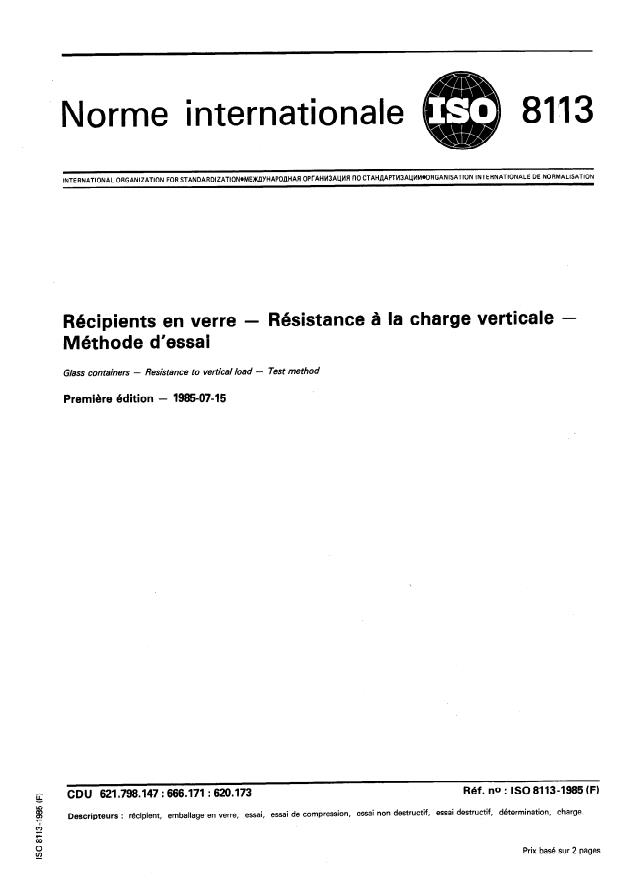 ISO 8113:1985 - Récipients en verre -- Résistance a la charge verticale -- Méthode d'essai