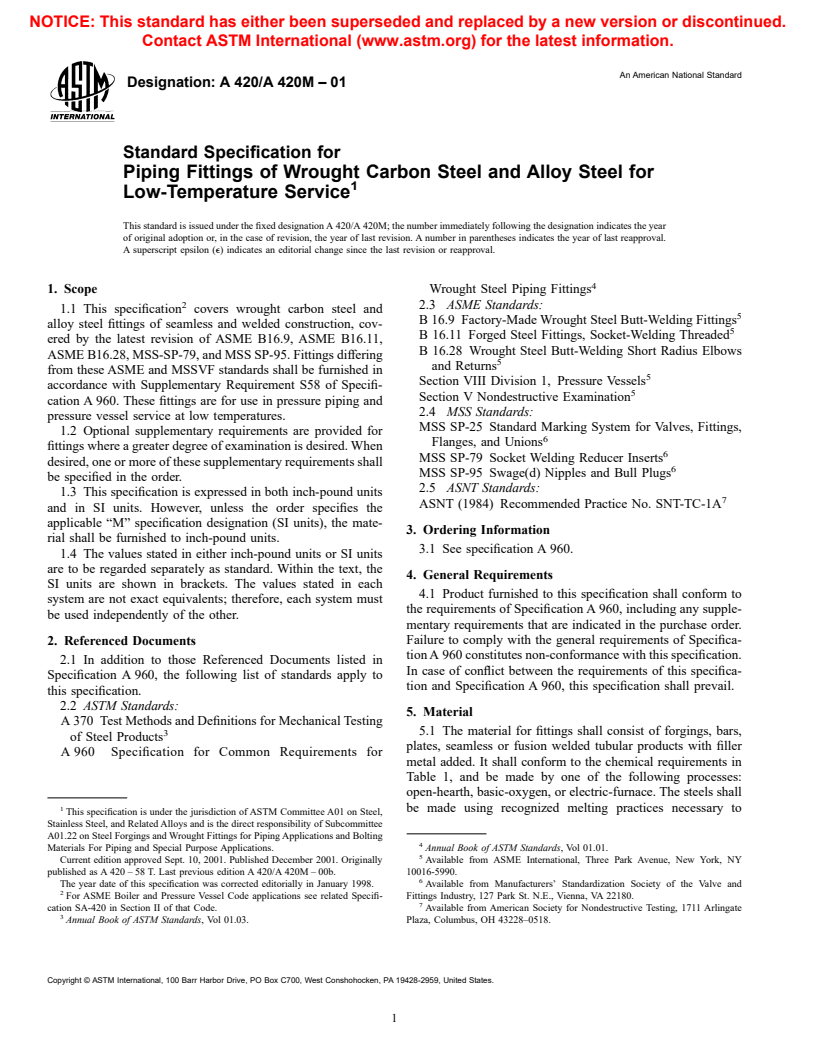 ASTM A420/A420M-01 - Standard Specification for Piping Fittings of Wrought Carbon Steel and Alloy Steel for Low-Temperature Service