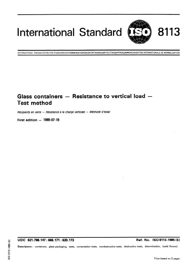 ISO 8113:1985 - Glass containers -- Resistance to vertical load -- Test method