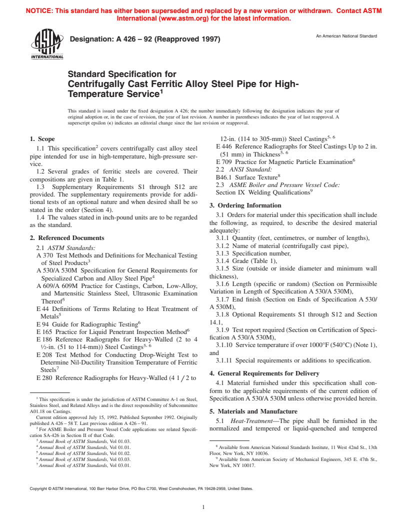 ASTM A426-92(1997) - Standard Specification for Centrifugally Cast Ferritic Alloy Steel Pipe for High-Temperature Service