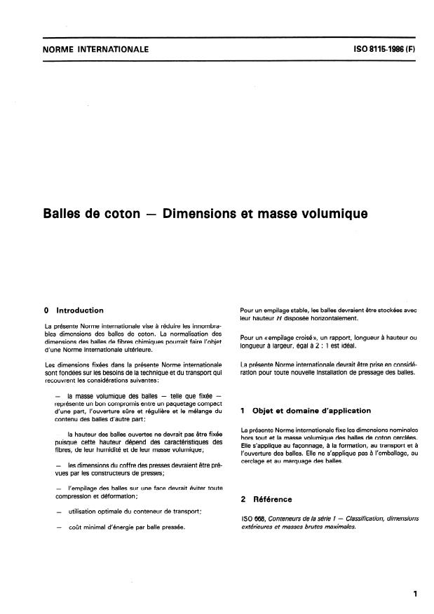ISO 8115:1986 - Balles de coton -- Dimensions et masse volumique