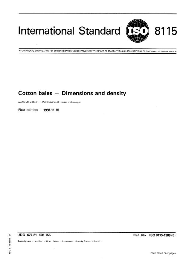 ISO 8115:1986 - Cotton bales -- Dimensions and density