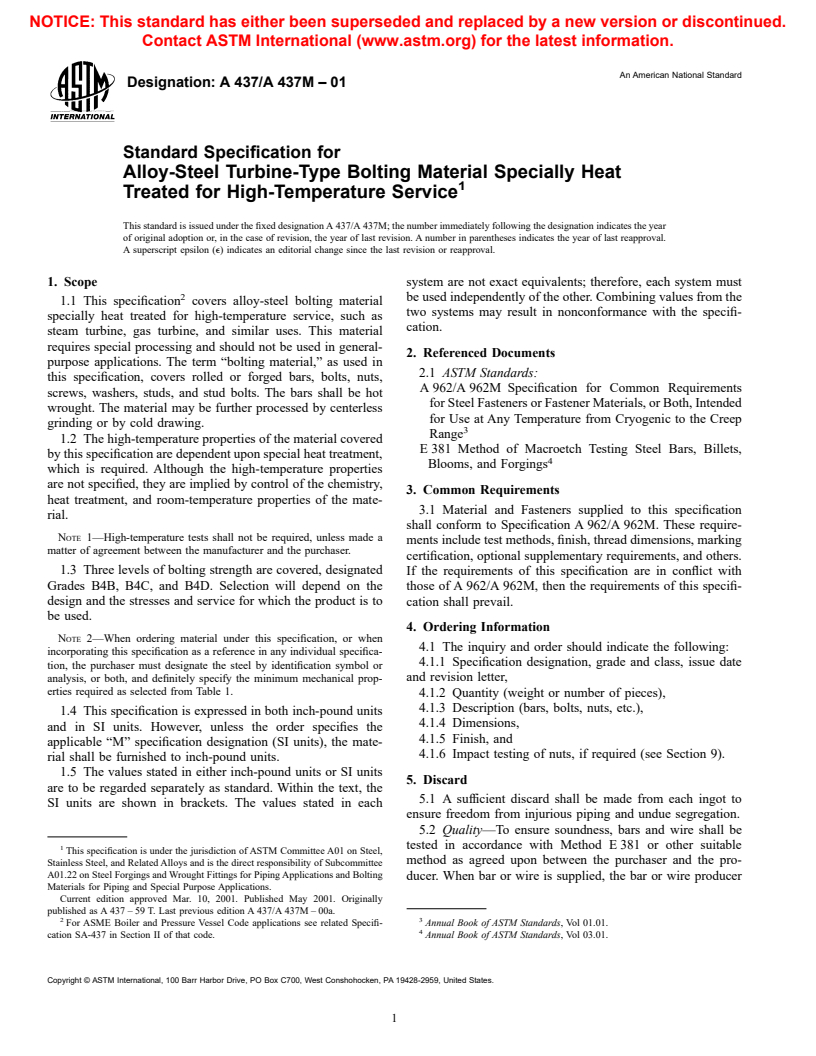 ASTM A437/A437M-01 - Standard Specification for Alloy-Steel Turbine-Type Bolting Material Specially Heat Treated for High-Temperature Service