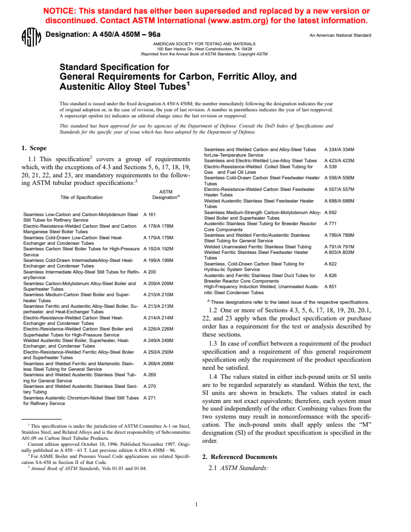 ASTM A450/A450M-96a - Standard Specification for General Requirements for Carbon, Ferritic Alloy, and Austenitic Alloy Steel Tubes