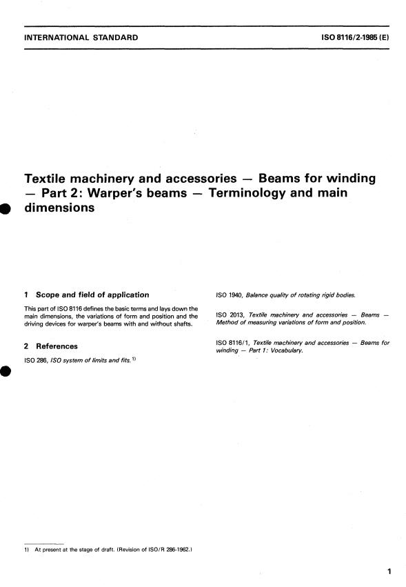 ISO 8116-2:1985 - Textile machinery and accessories -- Beams for winding
