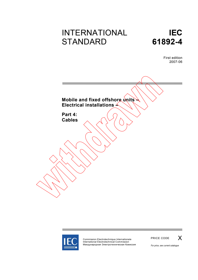 IEC 61892-4:2007 - Mobile and fixed offshore units - Electrical installations - Part 4: Cables
Released:6/5/2007
Isbn:2831891779
