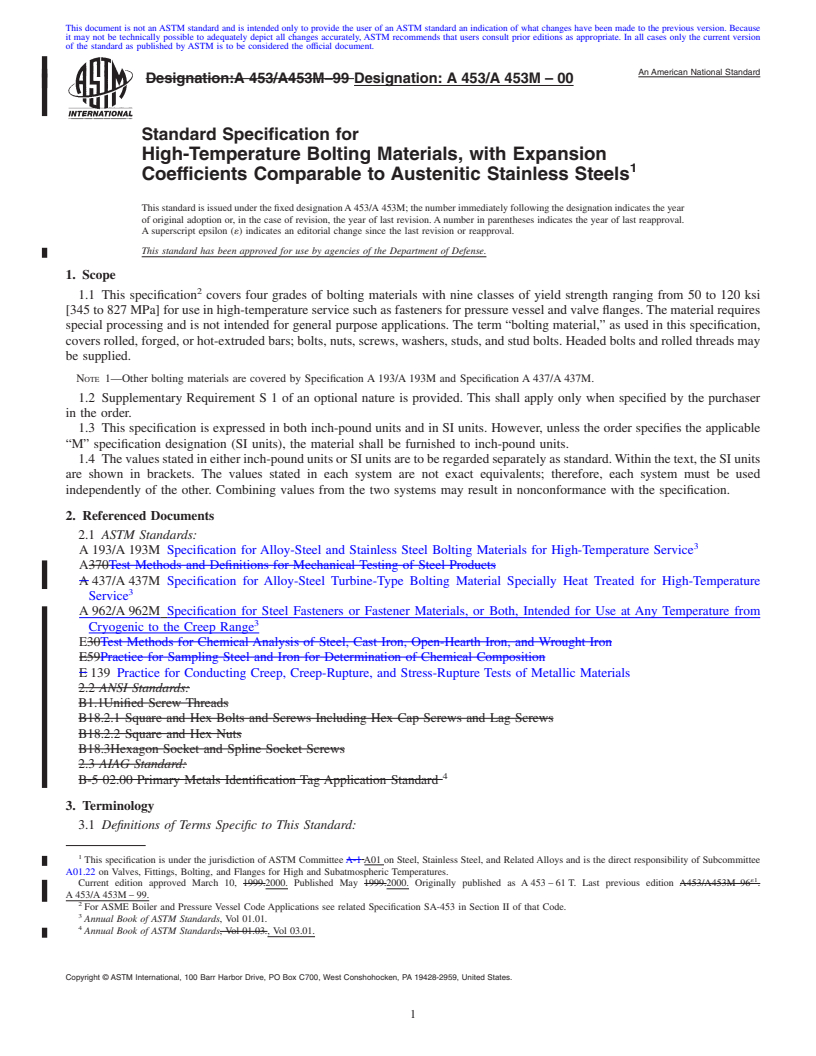 REDLINE ASTM A453/A453M-00 - Standard Specification for High-Temperature Bolting Materials, with Expansion Coefficients Comparable to Austenitic Stainless Steels