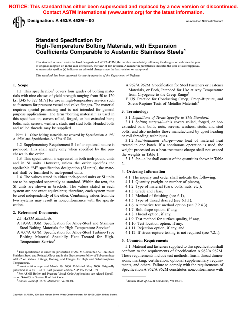 ASTM A453/A453M-00 - Standard Specification for High-Temperature Bolting Materials, with Expansion Coefficients Comparable to Austenitic Stainless Steels