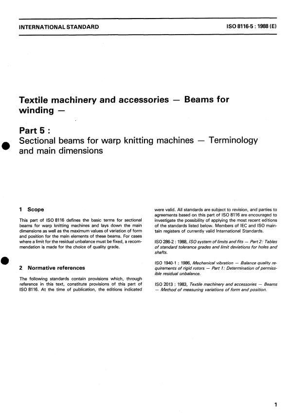 ISO 8116-5:1988 - Textile machinery and accessories -- Beams for winding