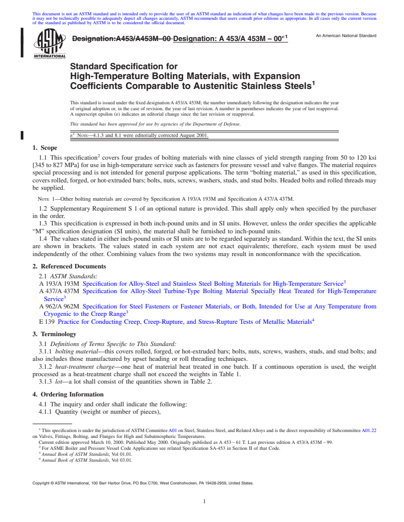 REDLINE ASTM A453/A453M-00e1 - Standard Specification for High-Temperature Bolting Materials, with Expansion Coefficients Comparable to Austenitic Stainless Steels