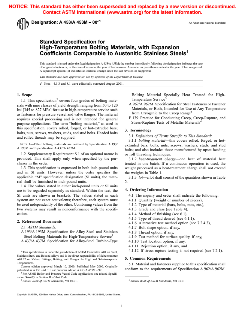 ASTM A453/A453M-00e1 - Standard Specification for High-Temperature Bolting Materials, with Expansion Coefficients Comparable to Austenitic Stainless Steels