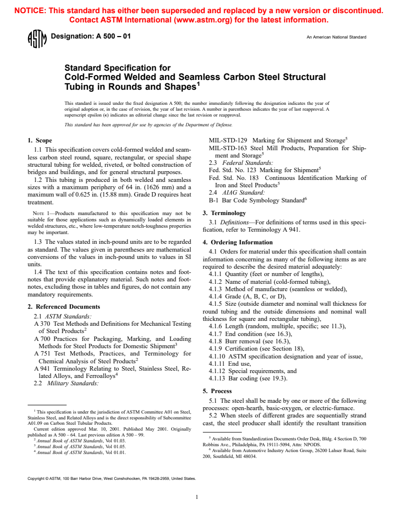 ASTM A500-01 - Standard Specification for Cold-Formed Welded and Seamless Carbon Steel Structural Tubing in Rounds and Shapes