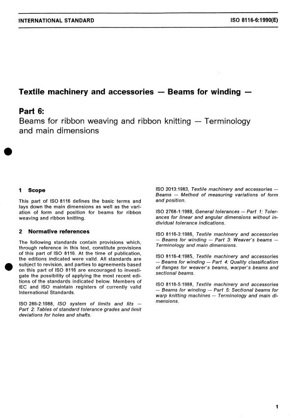 ISO 8116-6:1990 - Textile machinery and accessories -- Beams for winding