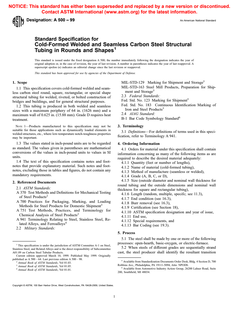 ASTM A500-99 - Standard Specification for Cold-Formed Welded and Seamless Carbon Steel Structural Tubing in Rounds and Shapes