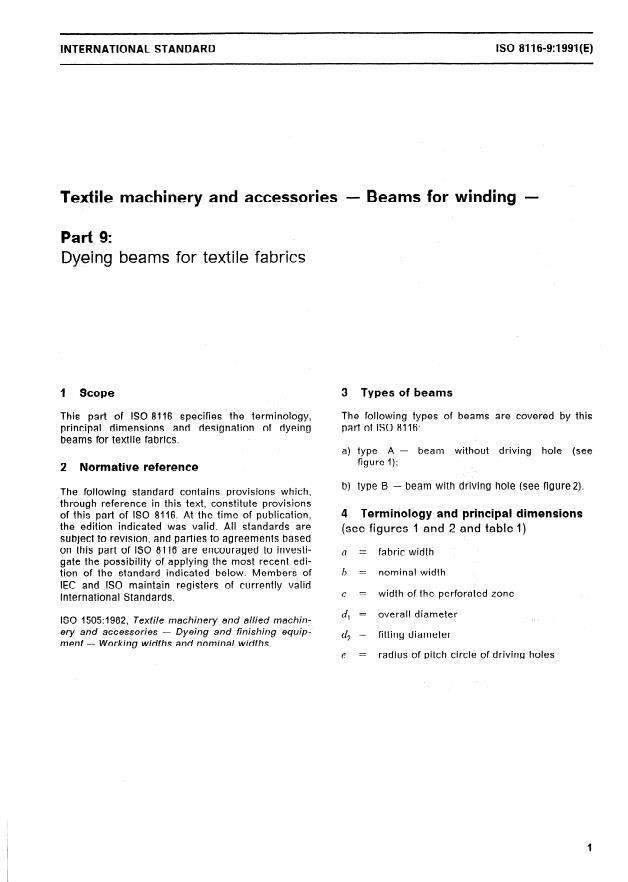 ISO 8116-9:1991 - Textile machinery and accessories -- Beams for winding