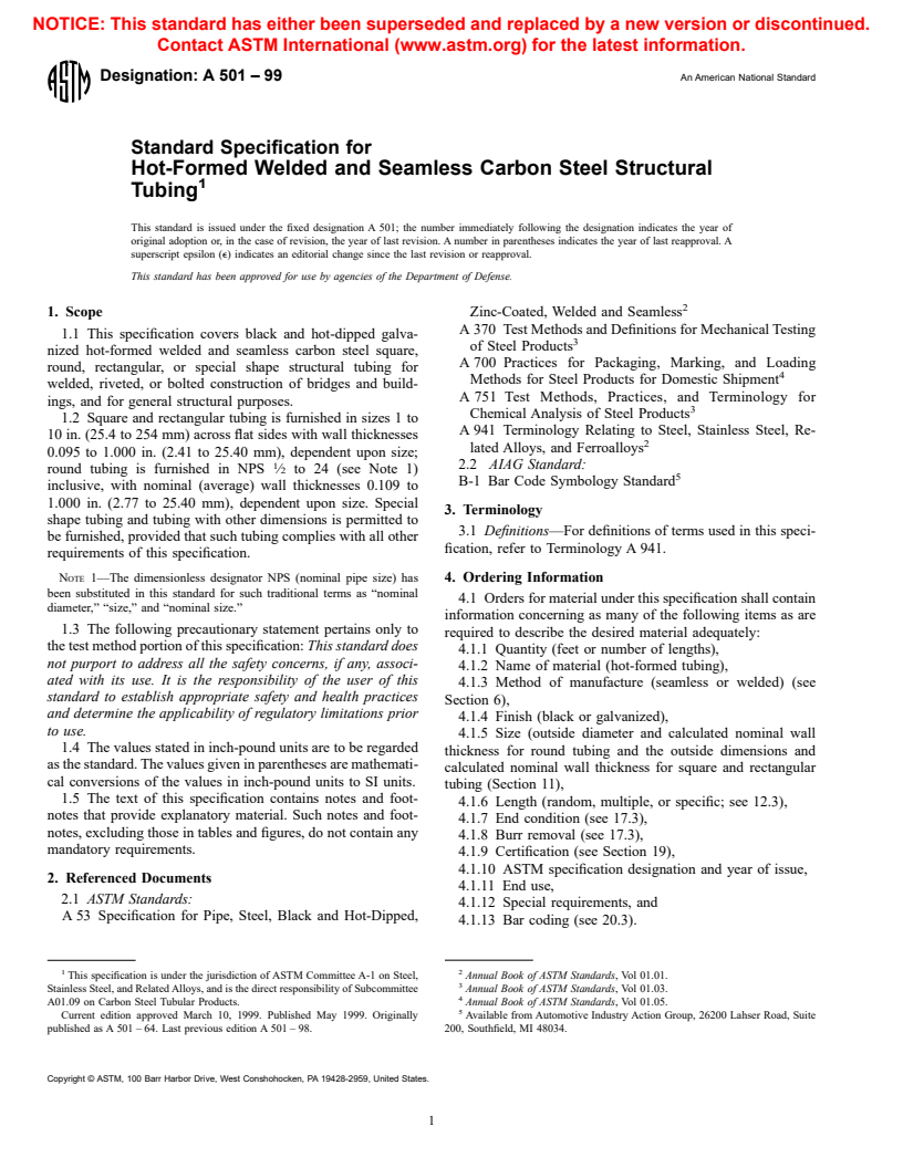 ASTM A501-99 - Standard Specification For Hot-Formed Welded And ...