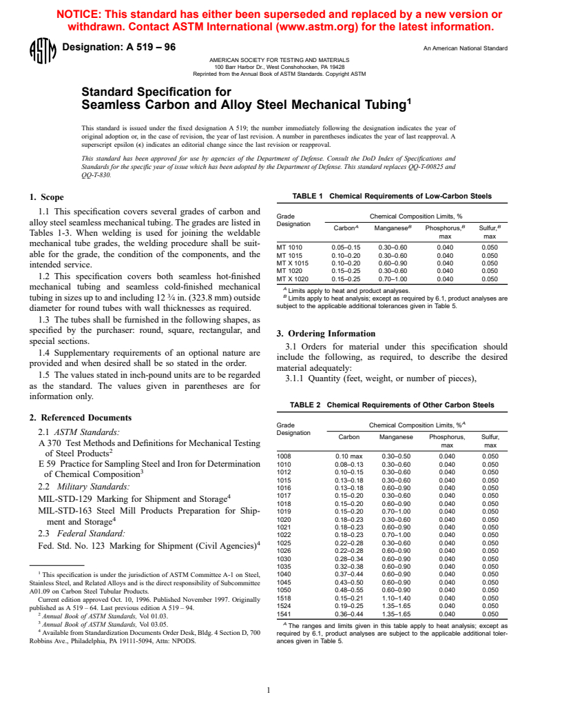 ASTM A519-96 - Standard Specification for Seamless Carbon and Alloy Steel Mechanical Tubing