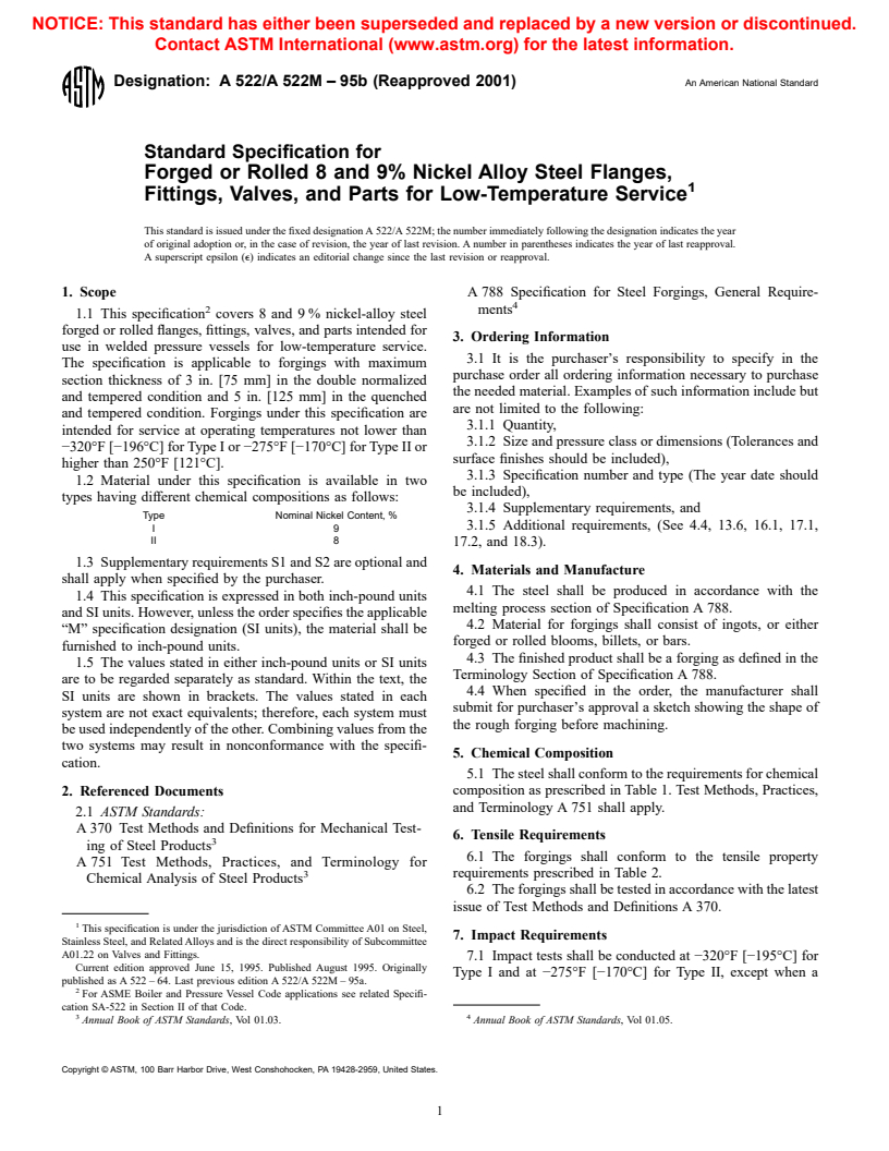 ASTM A522/A522M-95b(2001) - Standard Specification for Forged or Rolled 8 and 9% Nickel Alloy Steel Flanges, Fittings, Valves, and Parts for Low-Temperature Service