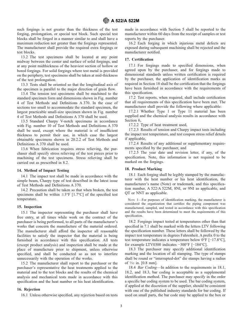 ASTM A522/A522M-95b(2001) - Standard Specification for Forged or Rolled 8 and 9% Nickel Alloy Steel Flanges, Fittings, Valves, and Parts for Low-Temperature Service