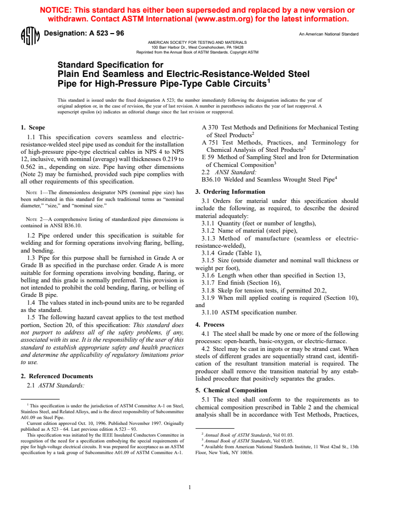 ASTM A523-96 - Standard Specification for Plain End Seamless and Electric-Resistance-Welded Steel Pipe for High-Pressure Pipe-Type Cable Circuits