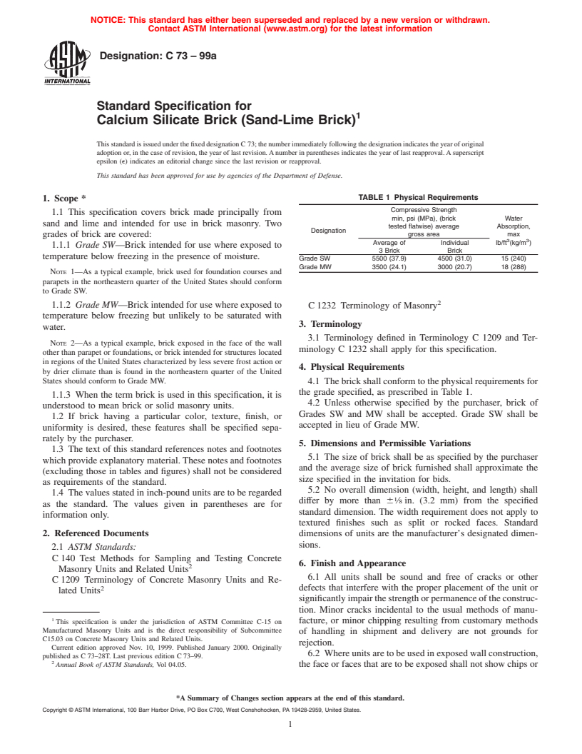 ASTM C73-99a - Standard Specification for Calcium Silicate Brick (Sand-Lime Brick)