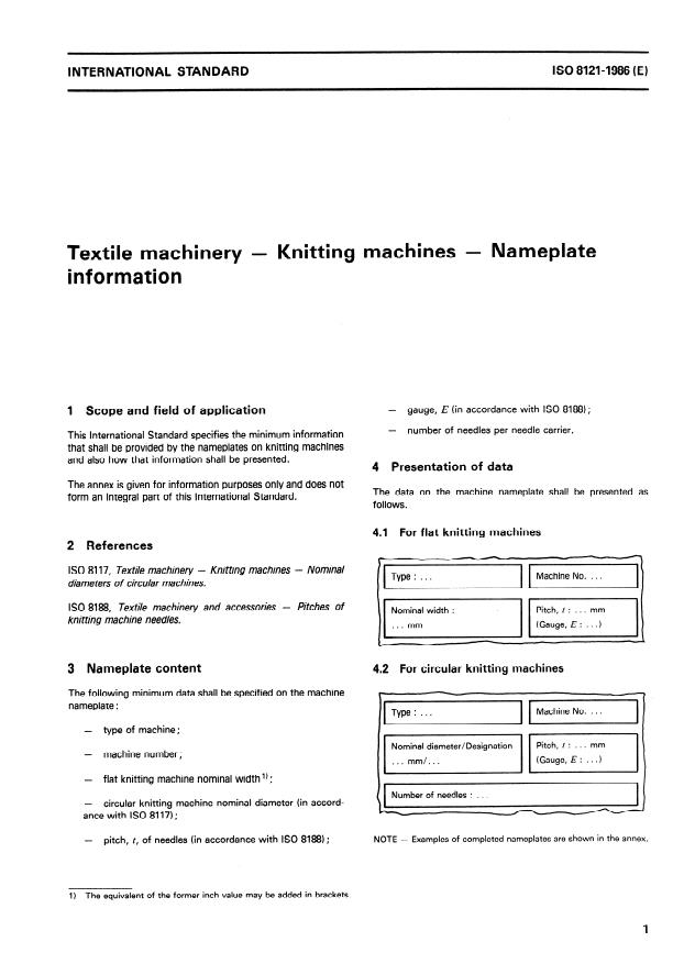 ISO 8121:1986 - Textile machinery -- Knitting machines -- Nameplate information
