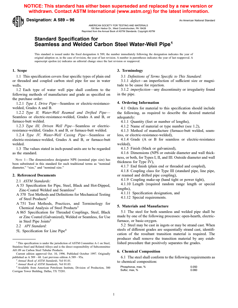 ASTM A589-96 - Standard Specification for Seamless and Welded Carbon Steel Water-Well Pipe