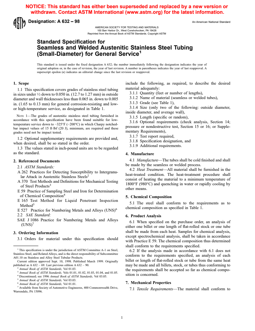 ASTM A632-98 - Standard Specification for Seamless and Welded Austenitic Stainless Steel Tubing (Small-Diameter) for General Service