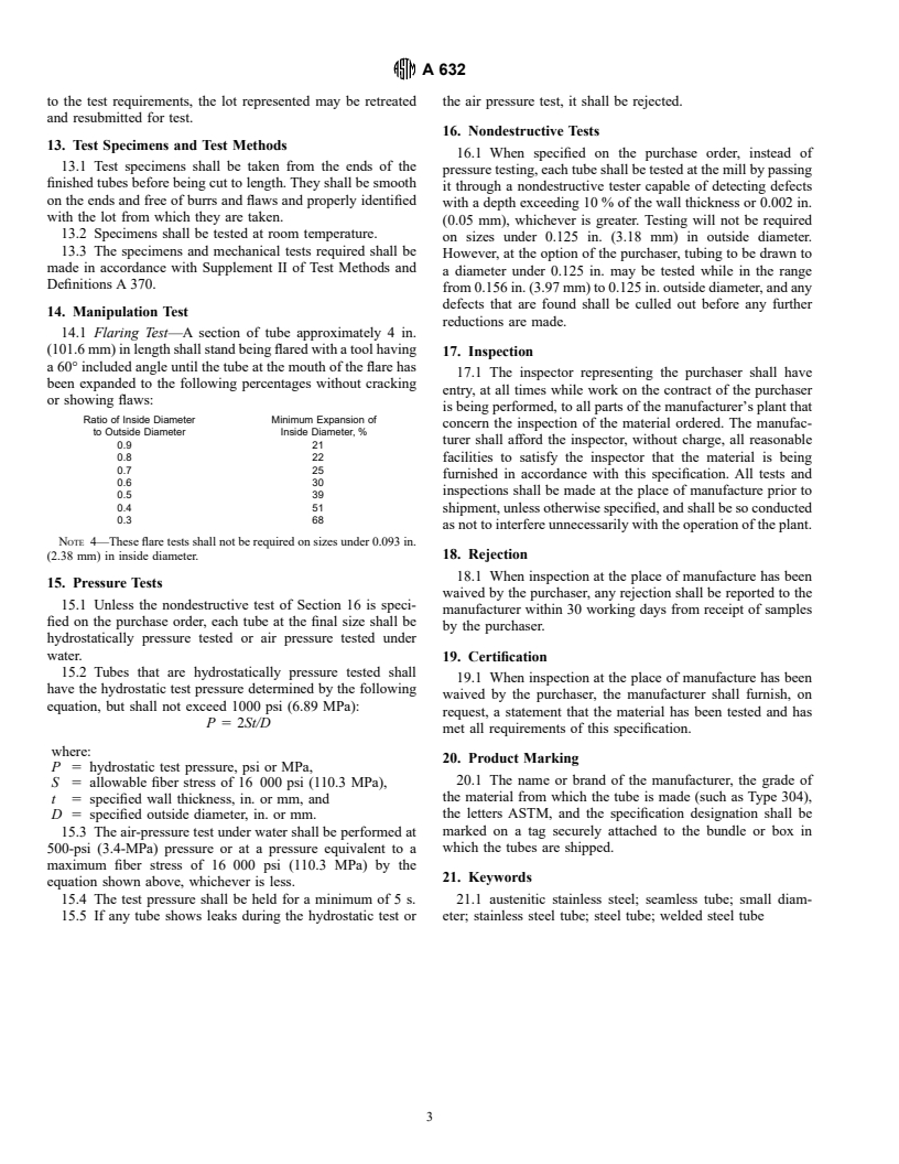 ASTM A632-98 - Standard Specification for Seamless and Welded Austenitic Stainless Steel Tubing (Small-Diameter) for General Service