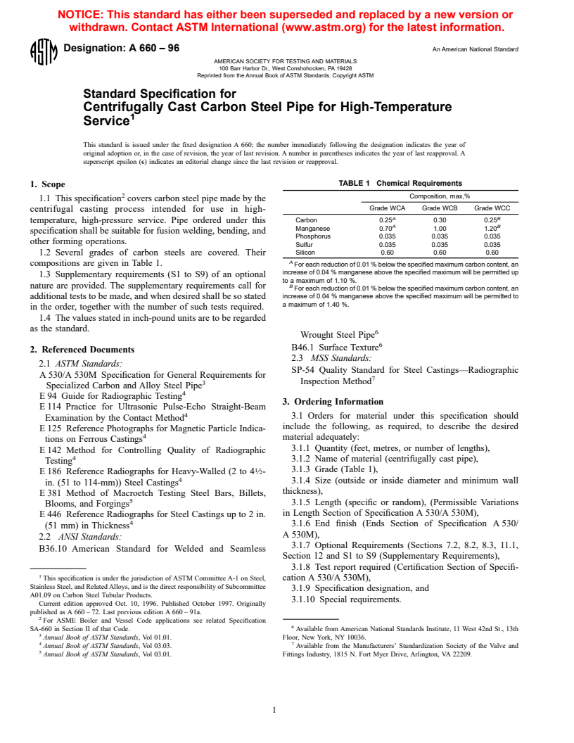 ASTM A660-96 - Standard Specification for Centrifugally Cast Carbon Steel Pipe for High-Temperature Service