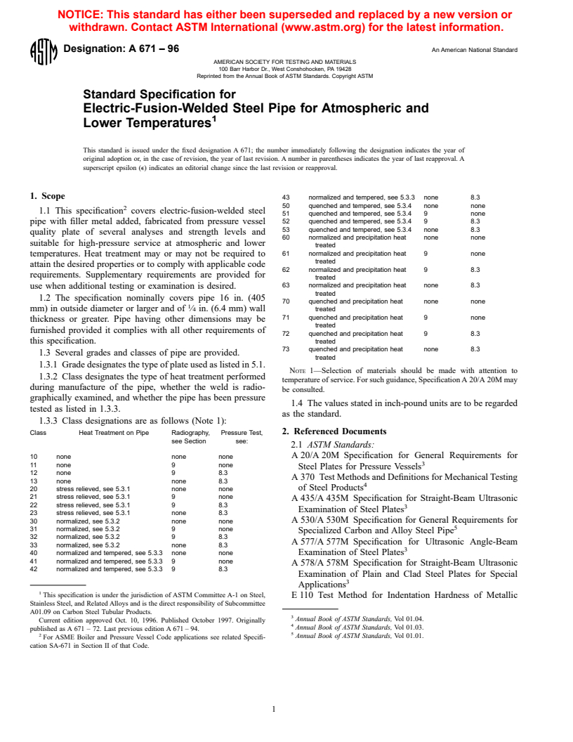 ASTM A671-96 - Standard Specification for Electric-Fusion-Welded Steel Pipe for Atmospheric and Lower Temperatures