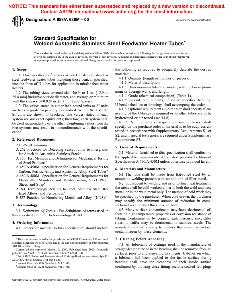 ASTM A688/A688M-00 - Standard Specification for Welded Austenitic Stainless Steel Feedwater Heater Tubes