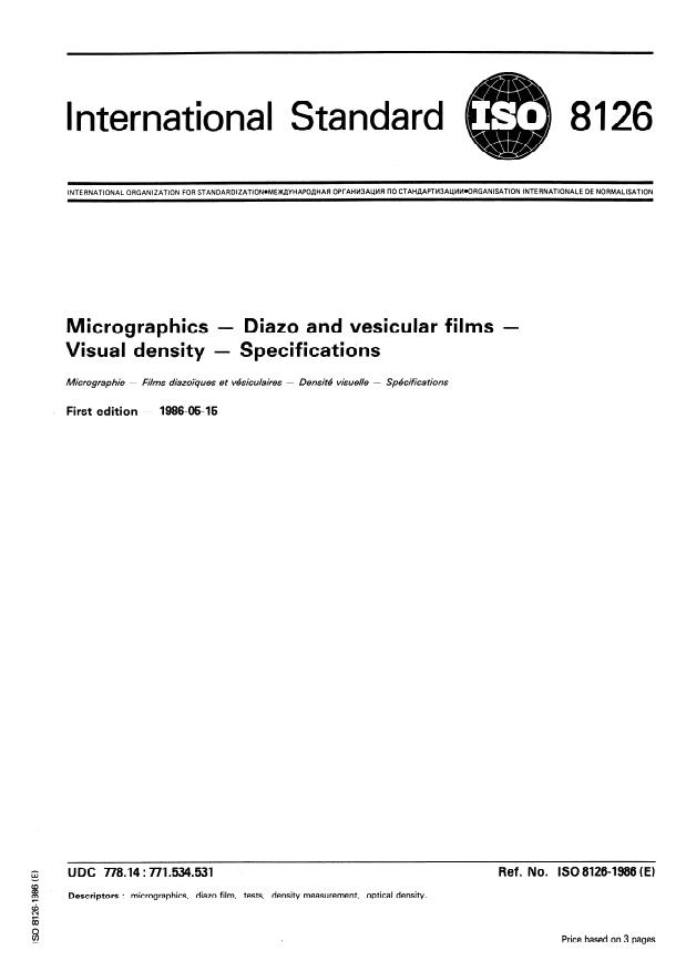 ISO 8126:1986 - Micrographics -- Diazo and vesicular films -- Visual density -- Specifications