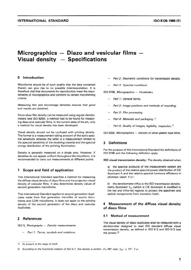 ISO 8126:1986 - Micrographics -- Diazo and vesicular films -- Visual density -- Specifications