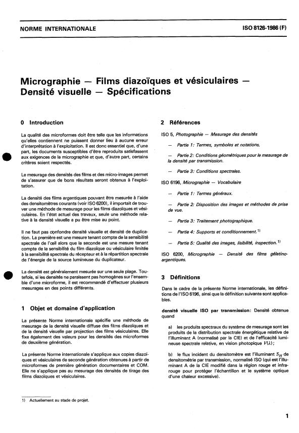 ISO 8126:1986 - Micrographie -- Films diazoiques et vésiculaires -- Densité visuelle -- Spécifications