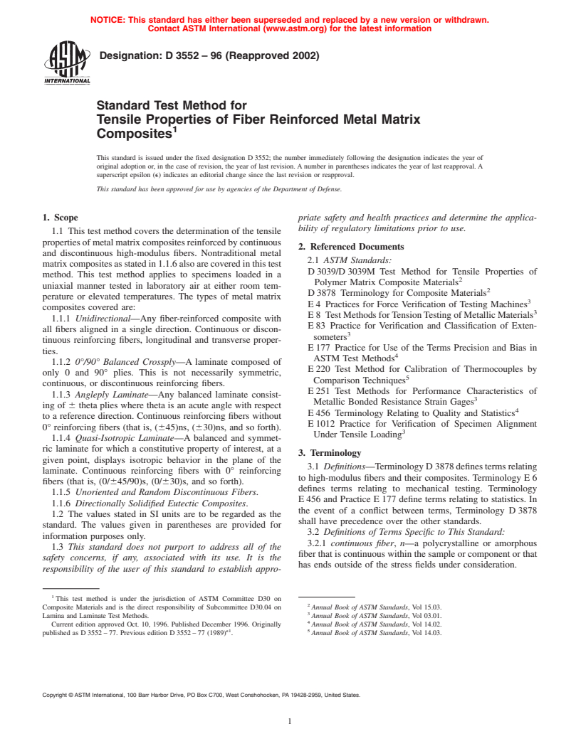 ASTM D3552-96(2002) - Test Method for Tensile Properties of Fiber Reinforced Metal Matrix Composites