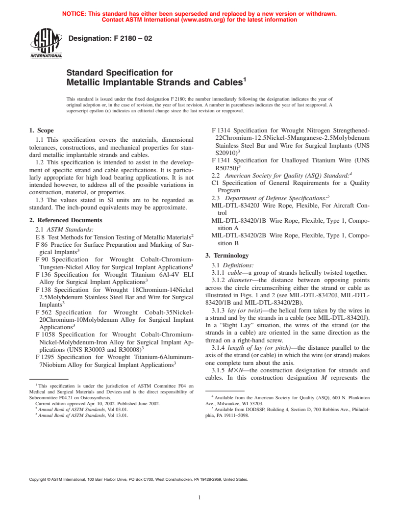 ASTM F2180-02 - Standard Specification for Metallic Implantable Strands and Cables