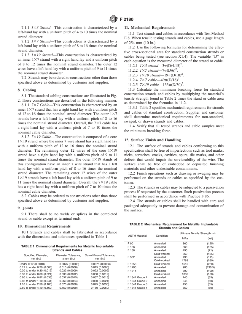 ASTM F2180-02 - Standard Specification for Metallic Implantable Strands and Cables