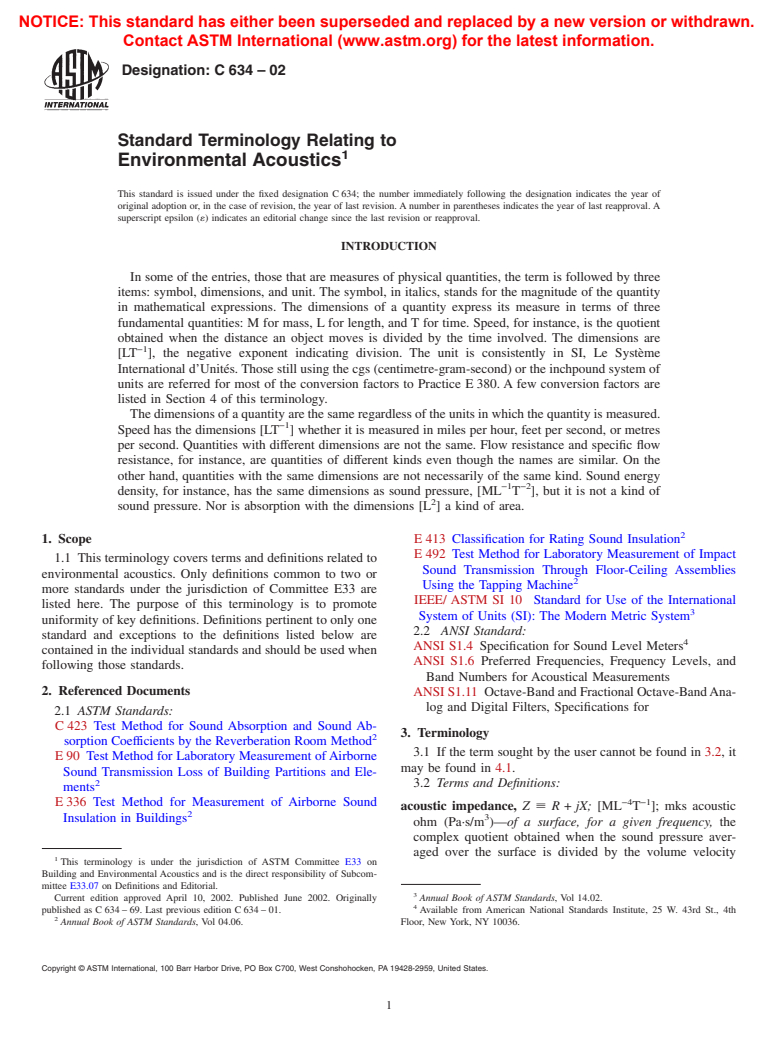 ASTM C634-02 - Standard Terminology Relating to Environmental Acoustics