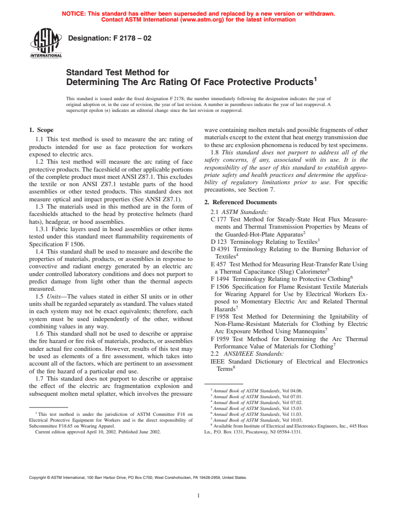 ASTM F2178-02 - Standard Test Method for Determining The Arc Rating Of Face Protective Products